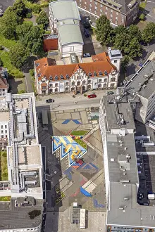 Aerial view, art museum and graffiti painting on Synagogue Square