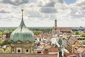 Aerial view over Augsburg with the tower of the old town hall