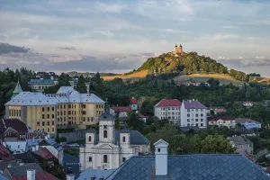 Aerial view over Banska Stiavnica at monastery on the hill