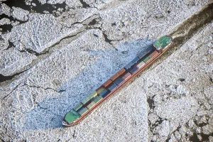 Aerial view of a barge during ice conditions on the Elbe