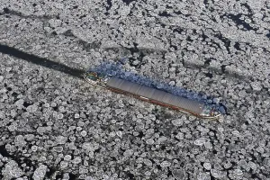 Aerial view of a barge during ice conditions on the Elbe