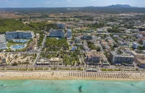 Aerial view, beach life with straw parasols