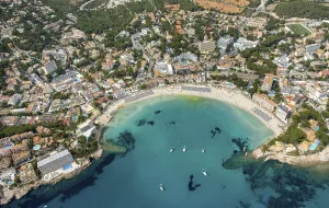 Aerial view, beach life with sun loungers and parasols