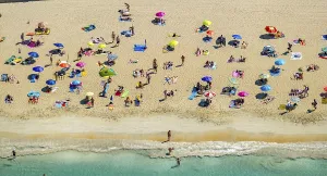 Aerial view, beach life and sunbathing with parasols