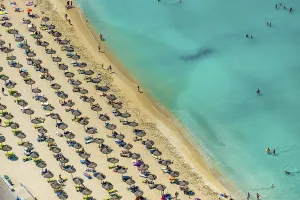 Aerial view, beach life and sunbathing with straw parasols at Playa de Palma