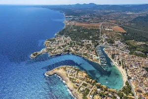 Aerial view, beach and marina of Porto Cristo