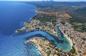 Aerial view, beach and marina of Porto Cristo