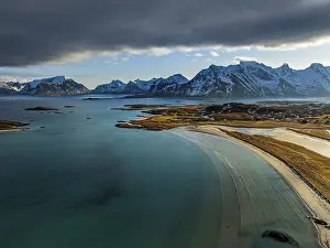 Aerial view of beach and mountains