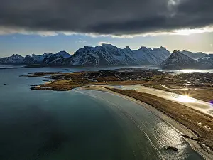 Aerial view of beach and mountains