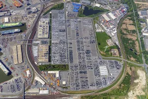 Aerial view of BLG car logistics with connection to rail and port