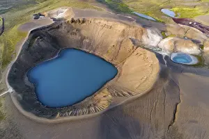Aerial view of blue lake in the Viti volcano crater at Krafla power plant
