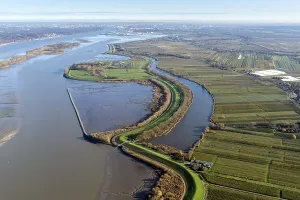 Aerial view of the Borsteler Binnenelbe runs parallel to the Elbe for about four kilometres behind the main dike