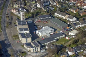 Aerial view, Bottrop fire brigade with fire defence tower and solar roof in the north-east district