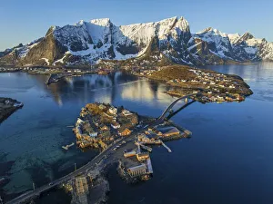 Aerial view, bridge, village, steep mountains