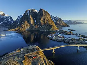 Aerial view, bridge, village, steep mountains