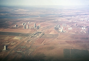 Aerial view of buildings, street network and city map, Brasilia, Federal District, Brazil, 1962, South America