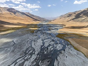 Aerial view, Burkhan mountain valley with meandering river