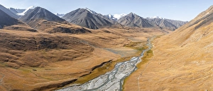 Aerial view, Burkhan mountain valley with meandering river