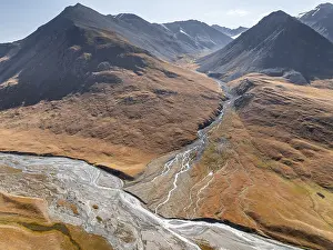Aerial view, Burkhan mountain valley with meandering river
