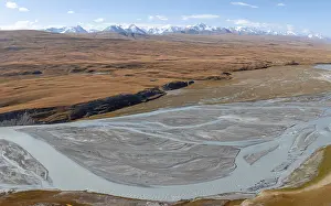 Aerial view, Burkhan mountain valley with meandering river