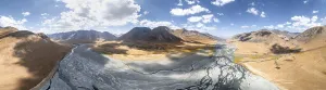 Aerial view, Burkhan mountain valley with meandering river