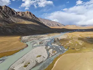 Aerial view, Burkhan mountain valley with meandering river