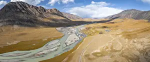 Aerial view, Burkhan mountain valley with meandering river