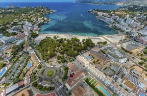 Aerial view, Cala de Santa Ponca bay with sandy beach Platja de Santa Ponca