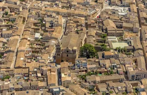 Aerial view of Campos and catholic church Esglesia de Sant Julia