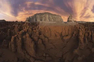 Aerial view capturing the stunning sunset skies over Goblin Valley State Park