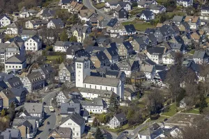 Aerial view, Catholic parish church of St George in Fredeburg