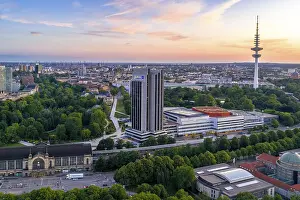 Aerial view of the CCH and Radisson Blue Hotel at Dammtor at sunset
