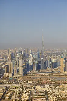 Aerial view of the city with the Burj Khalifa seen from the helicopter