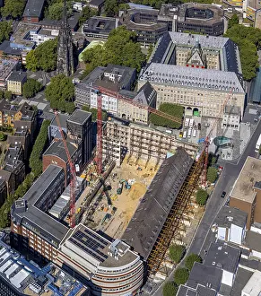 Aerial view, City with construction site Innehof Rathaus-Sud