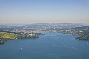 Aerial View over City of Lucerne and Lake Lucerne and Mountain in Lucerne