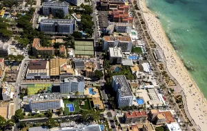 Aerial view, closed big disco mega park