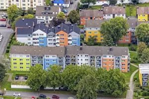 Aerial view, colourful house facades of the GWG housing estate on the street Am Quambusch in the Haspe-West district of