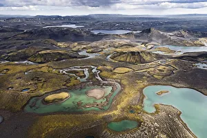 Aerial view of the colourful mountains and waters between the waterways of the Tungna River and Lake Langisjoer