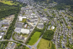 Aerial view, commercial area in the floodplain
