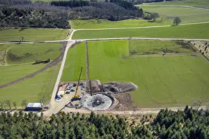 Aerial view, construction site with construction crane for wind turbine wind power plant at Eichenberg