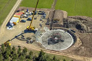 Aerial view, construction site with construction crane for wind turbine wind power plant at Eichenberg