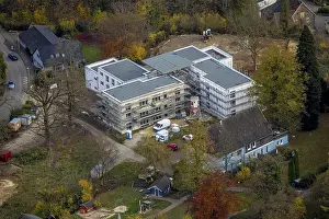 Framed Print : Aerial view, construction site with new apartment building Living for generations on RibbertstraBe next to