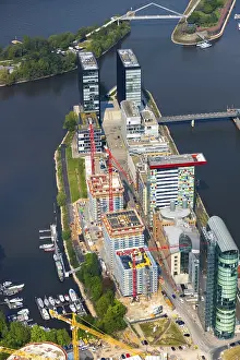 Aerial view of the construction site on SpeditionstraBe in Dusseldorf Media Harbour