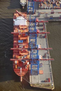 Aerial view of the container ship of the shipping company Hamburg Sued the Santa Teresa at the terminal Burchardkai