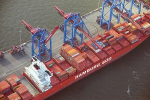 Aerial view of the container ship of the shipping company Hamburg Sued the Santa Teresa at the terminal Burchardkai