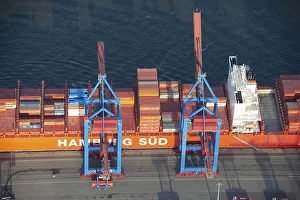 Aerial view of the container ship of the shipping company Hamburg Sued the Santa Teresa at the terminal Burchardkai