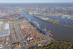 Aerial view of the Container Terminal Altenwerder behind it the city centre of Hamburg