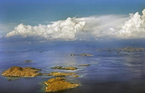 Aerial view, cumulus clouds, cumulus and small islands, flight from Denpasar Bali to Flores, Indonesia, Asia