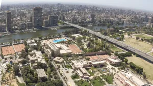 Aerial view of the downtown area of Cairo along the Nile River as viewed from the top of Cairo Tower