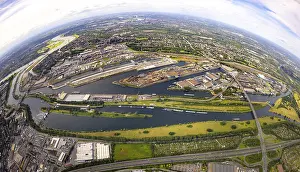 Aerial view, Duisburg harbour, duisport fish-eye